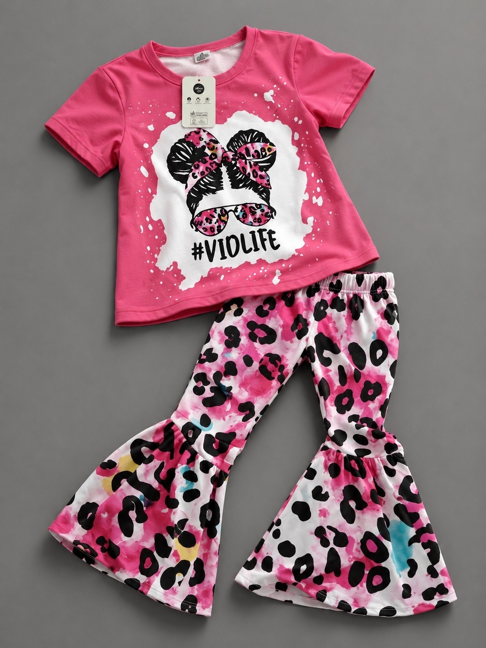 PatPat Pink Leopard Print Tee & Bell Bottom Set